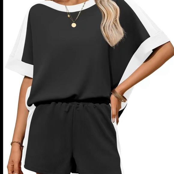 Pants - ankaneo Womens 2 Piece Summer Outfits Oversized Small Black White Shorts Shirt